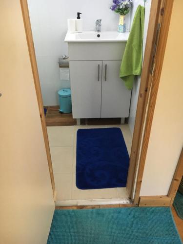 a small bathroom with a sink and a blue rug at The fruit garden guesthouse in Kfar Yona