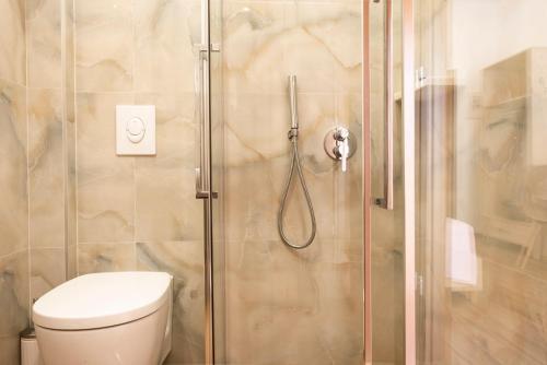een badkamer met douche en toilet bij sofia's cozy rooms in Himare