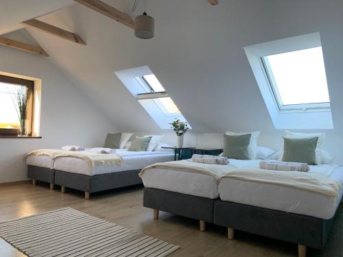 two beds in a room with two windows at Dom na Skraju Lasu Mikołajki in Mikołajki