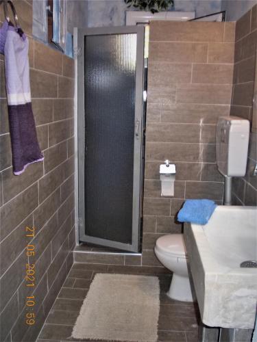 a bathroom with a shower and a toilet and a sink at Marco's apartment in Gaios