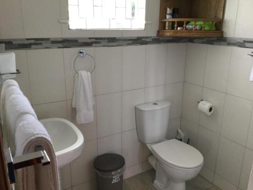 bagno bianco con servizi igienici e lavandino di Mountain Top Chalet a Victoria