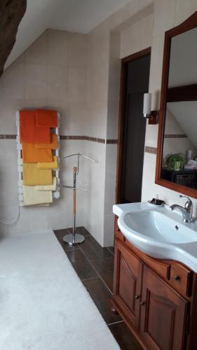 a bathroom with a sink and a mirror and towels at La Merlette89 in Lailly