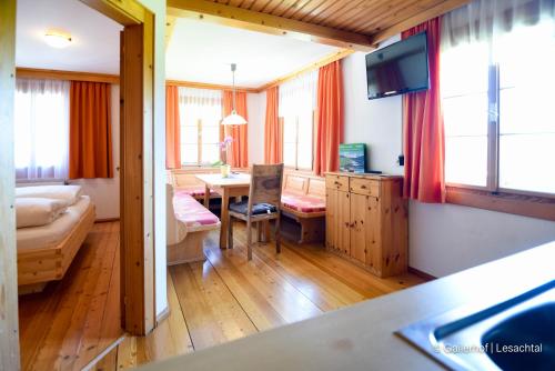 a room with a living room with a table and a television at Gailerhof in Liesing