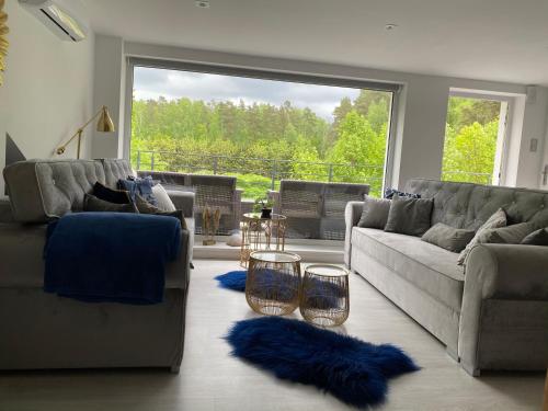 奧斯特魯達的住宿－Comfort Zone Ostróda Ruś Mała，客厅设有两张沙发和一个大窗户