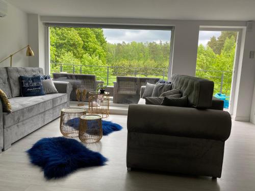 a living room with couches and blue rugs at Comfort Zone Ostróda Ruś Mała in Ostróda