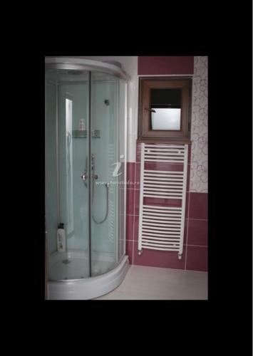 a bathroom with a shower with a glass door at Vila Eduard in Mamaia Sat/Năvodari