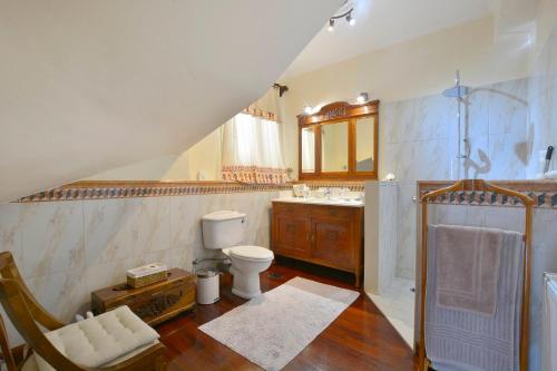 a bathroom with a toilet and a sink and a shower at Villa Kardami -country house in Agios Gordios
