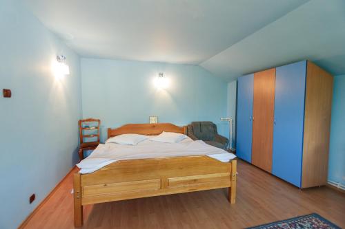 a bedroom with a large bed with blue walls at Casa dintre munti Karina in Nehoiu