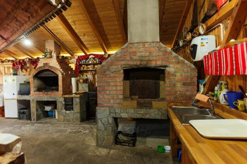 a large brick oven in a kitchen with a sink at Casa dintre munti Karina in Nehoiu