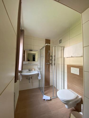 La salle de bains est pourvue d'une douche, de toilettes et d'un lavabo. dans l'établissement Pension Steinbacher, à Bad Gastein
