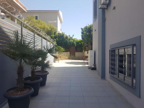 a hallway with two potted plants on a building at Unique Villa Melia Lagonisi in Kalívia Thorikoú