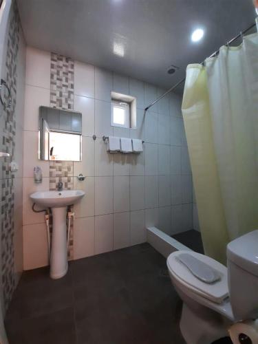 a bathroom with a toilet and a sink at Lucytour Hotel in Hermon