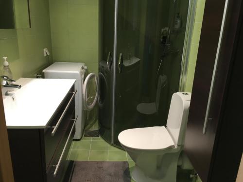 a bathroom with a shower and a toilet and a sink at Riverside Apartment in Pärnu