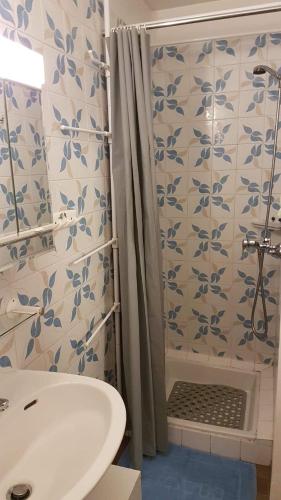 uma casa de banho com um chuveiro, um WC e um lavatório. em Studio les Houches. Vallée de Chamonix em Les Houches