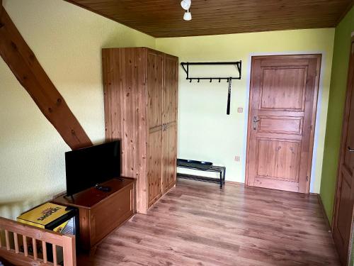 a living room with a tv and a wooden floor at EDER- Penzion & Apartmány in Horní Planá
