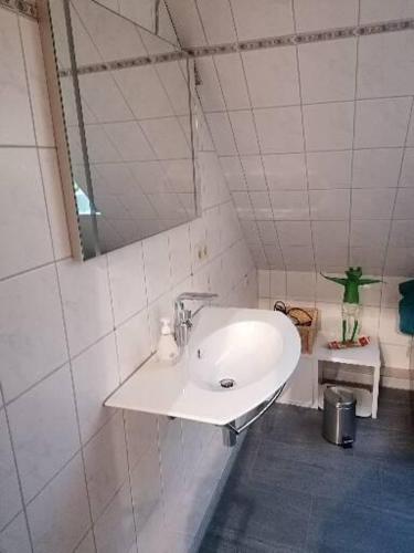 a bathroom with a white sink and a mirror at MoMe Appartment in Groß Rönnau