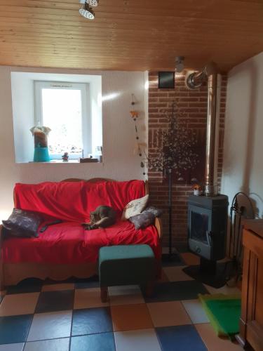 a red couch in a living room with a cat laying on it at Les PLAGNES in Vailly