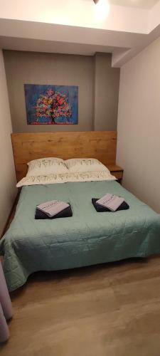 um quarto com uma cama com um edredão verde em Apartament 31 Kozubnik joy&love em Porąbka