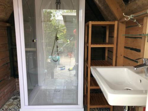 a bathroom with a sink and a glass shower door at Overnachten in een luxe yurt! in Zonnemaire