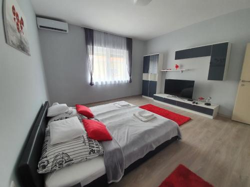 1 dormitorio con 1 cama grande con almohadas rojas en Flamingo Apartment, en Sárvár