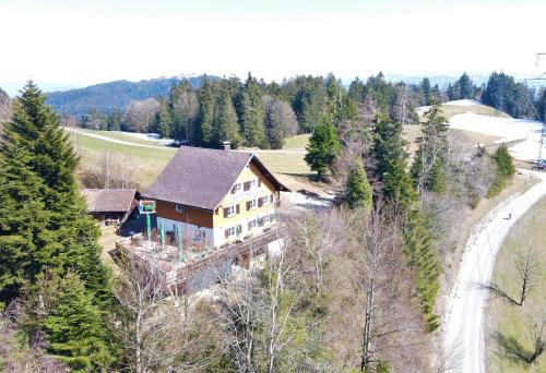 a house on the side of a hill with a road at Gasthaus Moosegg in Lochau