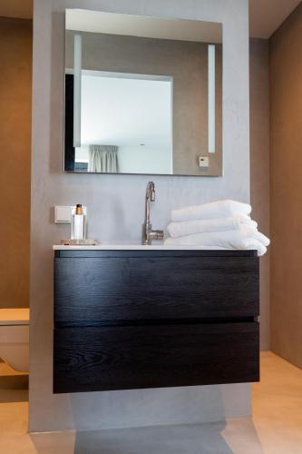 a bathroom with a sink and a mirror at B&B Ganzendiep aan het water in Grafhorst