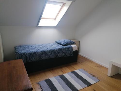 ein Schlafzimmer mit einem Bett und einem Dachfenster in der Unterkunft Côté Dyle de la Tourelle in Ways