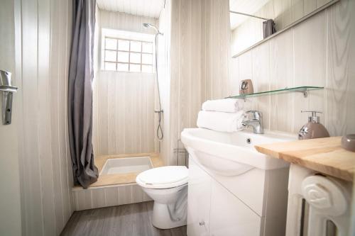 une salle de bain blanche avec des toilettes et un lavabo dans l'établissement Le Petit Joyau - 1 Chambre, à Brive-la-Gaillarde