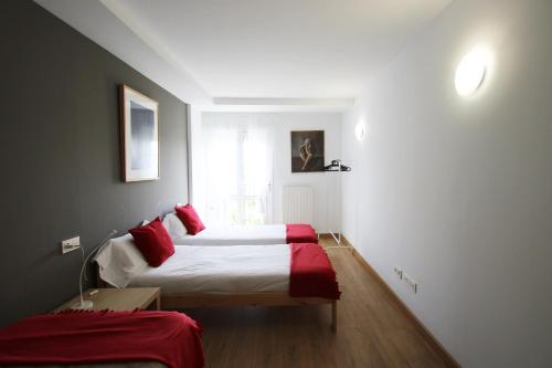1 Schlafzimmer mit 2 Betten und roten Kissen in der Unterkunft Apartamento Labegain 5 in Sestao