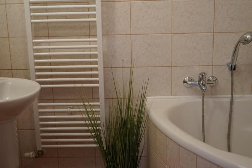 ein Badezimmer mit einem Waschbecken, einer Badewanne und einer Pflanze in der Unterkunft Pivovarský Hotel in Kojetín