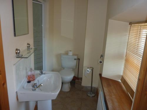 La salle de bains est pourvue d'un lavabo blanc et de toilettes. dans l'établissement Castlehamilton Mill Cottage, à Killashandra