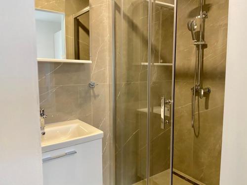 prysznic ze szklanymi drzwiami obok umywalki w obiekcie Apartman Terra w Medulinie