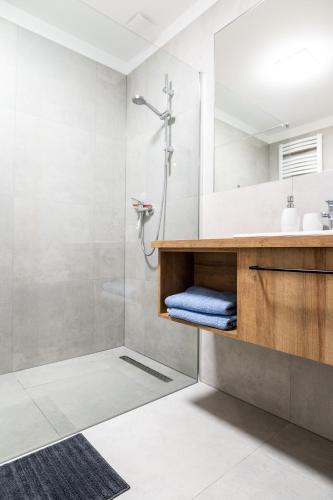 a bathroom with a shower and a sink at PARADISE Apartamenty in Charzykowy