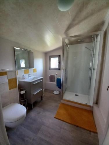 een badkamer met een douche, een toilet en een wastafel bij Aux trois petites notes in La Sabotterie