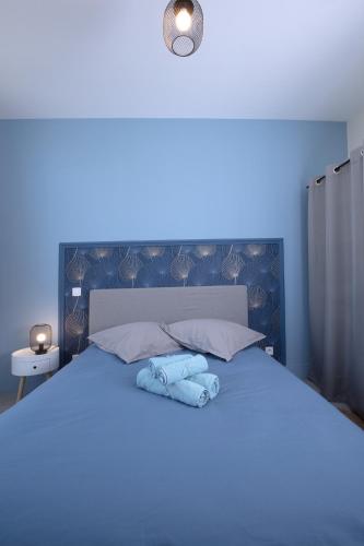 - un lit avec une lumière bleue au-dessus dans l'établissement Résidence Cawikima - Willis Home, à Boulogne-sur-Mer