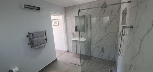 a bathroom with a glass shower and a sink at Fredericks in Plettenberg Bay