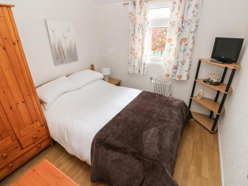 a bedroom with a bed and a television and a window at Willow 80 in Carmarthen