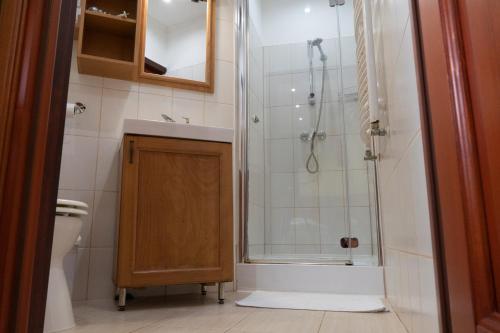 a bathroom with a shower and a sink and a toilet at Viki Vendégház in Szilvásvárad