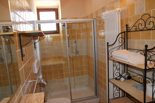 uma casa de banho com um chuveiro e uma cabina de duche em vidro. em Agriturismo Capriccio Di Giove em Cansano