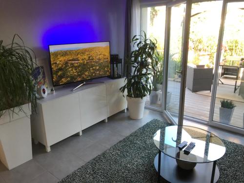 โทรทัศน์และ/หรือระบบความบันเทิงของ Villa Marcenac 45 m2, jardin, parking, wifi, netflix