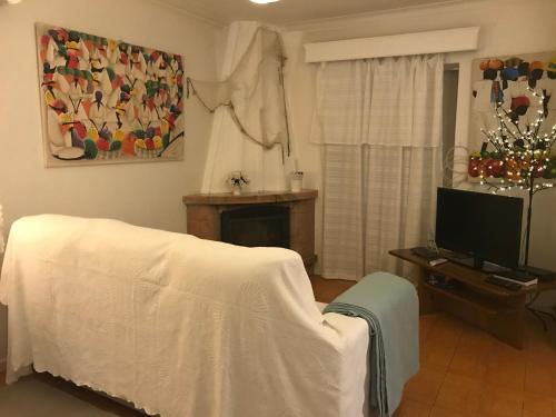 a living room with a bed and a television at Margarita´s Ville in Costa Nova
