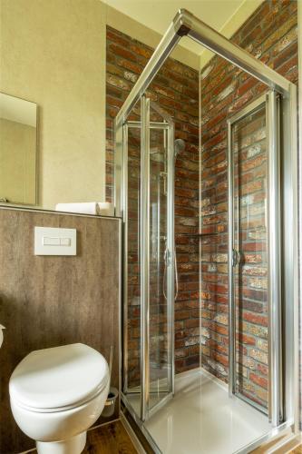 a bathroom with a toilet and a glass shower at Alte Schlossbrauerei in Mirow