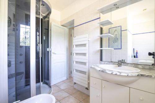 une salle de bain avec un lavabo et une douche dans l'établissement Villa les Buisses, à Piolenc