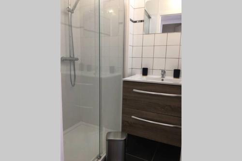 une salle de bain avec douche et lavabo dans l'établissement Le logis des lavandières, à Honfleur