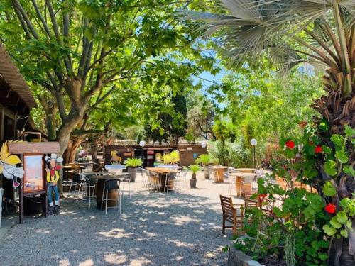 an outdoor patio with tables and chairs and trees at Location du Ranch in Algajola