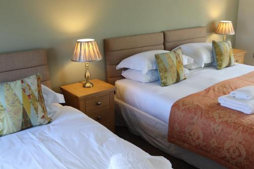 a hotel room with two beds and a lamp at The New Inn in Fife