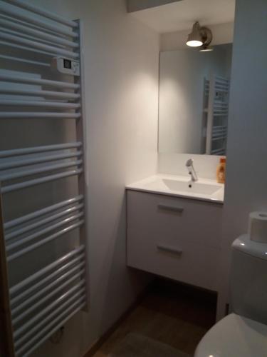 une salle de bain avec un lavabo, des toilettes et un miroir dans l'établissement Studio la Nuit au Coeur de ville, à Limoux