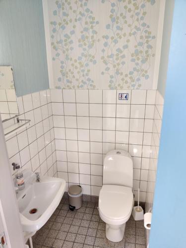 
a bathroom with a toilet, sink, and bathtub at Hostel Rudbøl in Rudbøl
