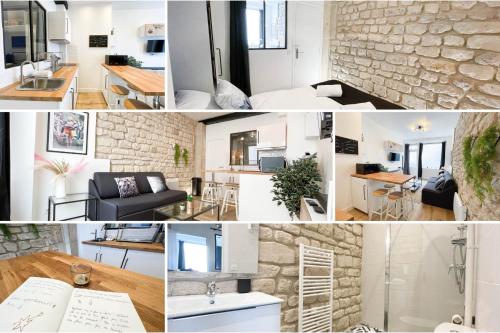 un collage de photos d'une cuisine et d'un salon dans l'établissement LE GRACIEUX - MILORA INN - Central Paris, à Paris