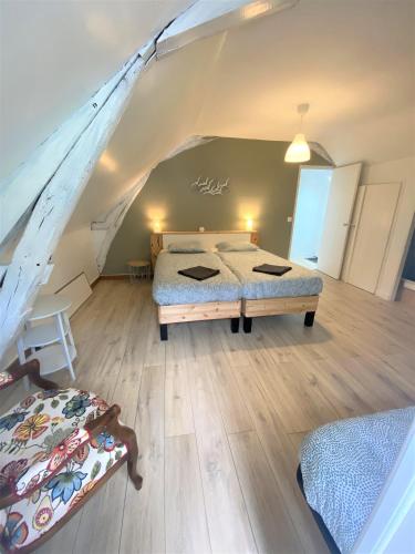 une chambre avec deux lits dans un grenier dans l'établissement LE CHANT DES OISEAUX, 3Km du Zoo de Beauval, Parking gratuit ,WIFI et NETFLIX gratuits, à Saint-Aignan
